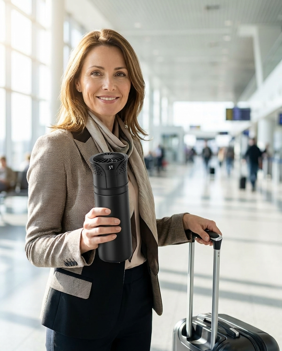 Woman traveling through an airport with the Vialo medication cooler