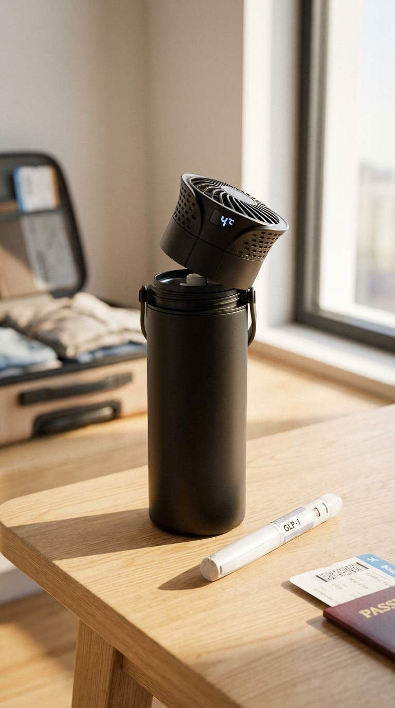 Vialo cooler open with GLP-1 pen, passport and boarding pass ready for travel