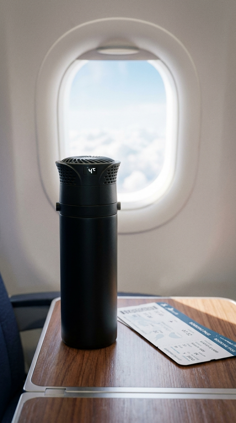 Vialo cooler on an airplane tray table keeping medication cold in flight