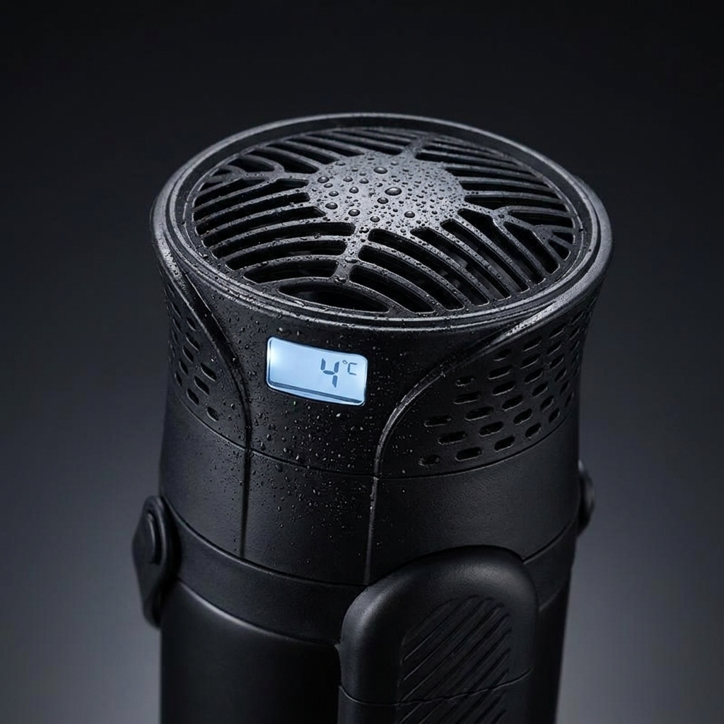 Close-up of the Vialo cooler digital display showing a safe 4 degrees Celsius