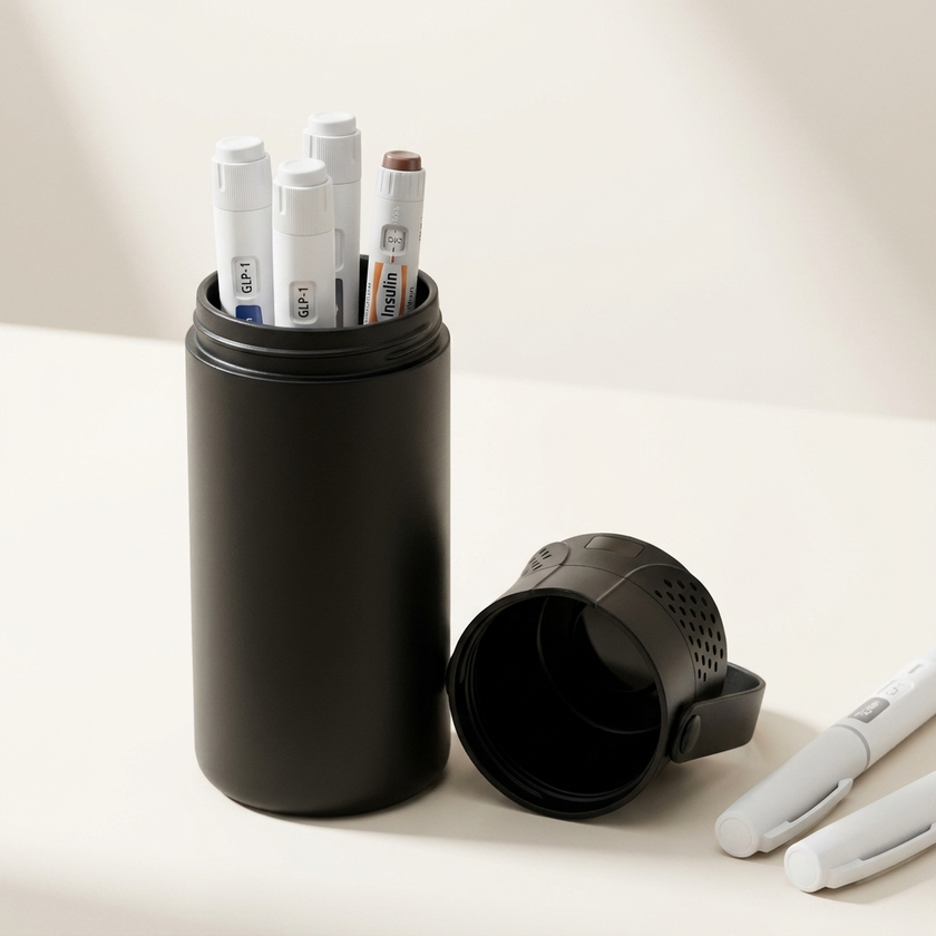 Vialo cooler holding multiple GLP-1 and insulin pens, showing capacity